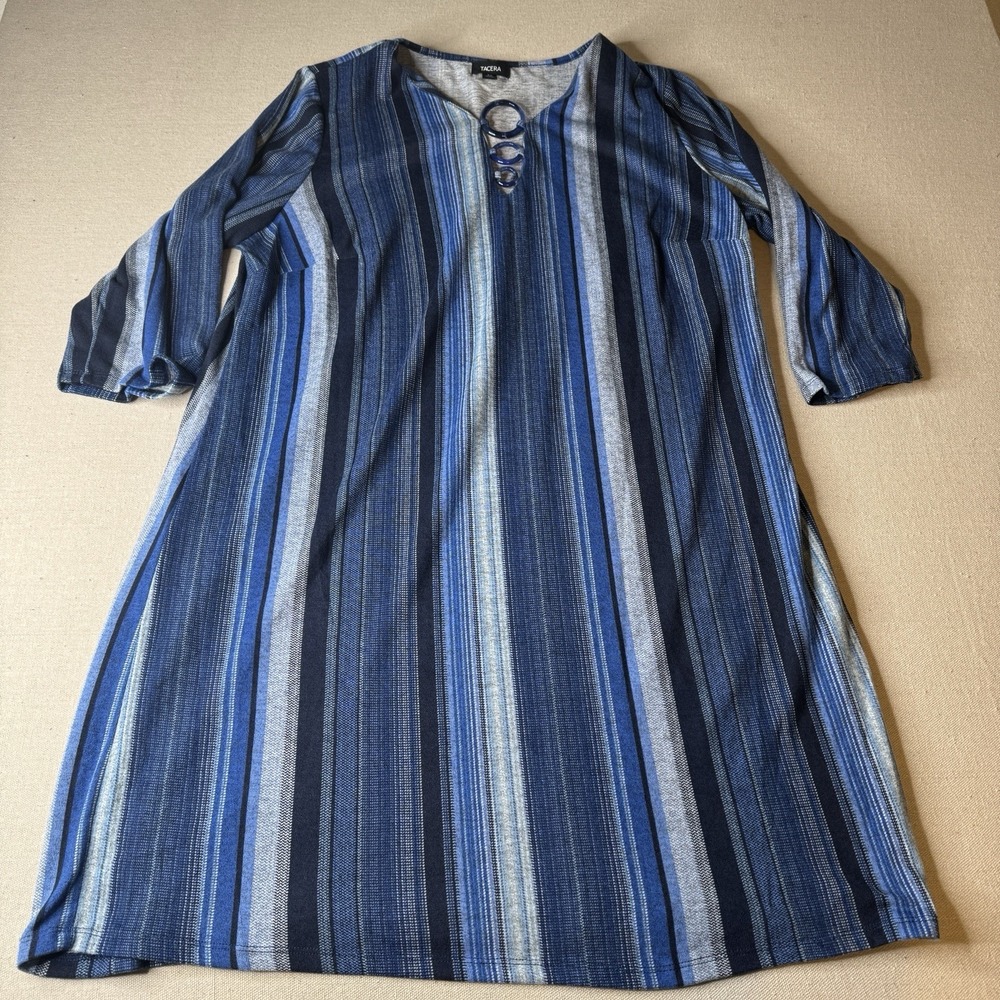 Tacera Womens Blue Striped Deep V-Neck 3/4 Sleeve Shift Dress Plus Size 2X NWT - Picture 2 of 7